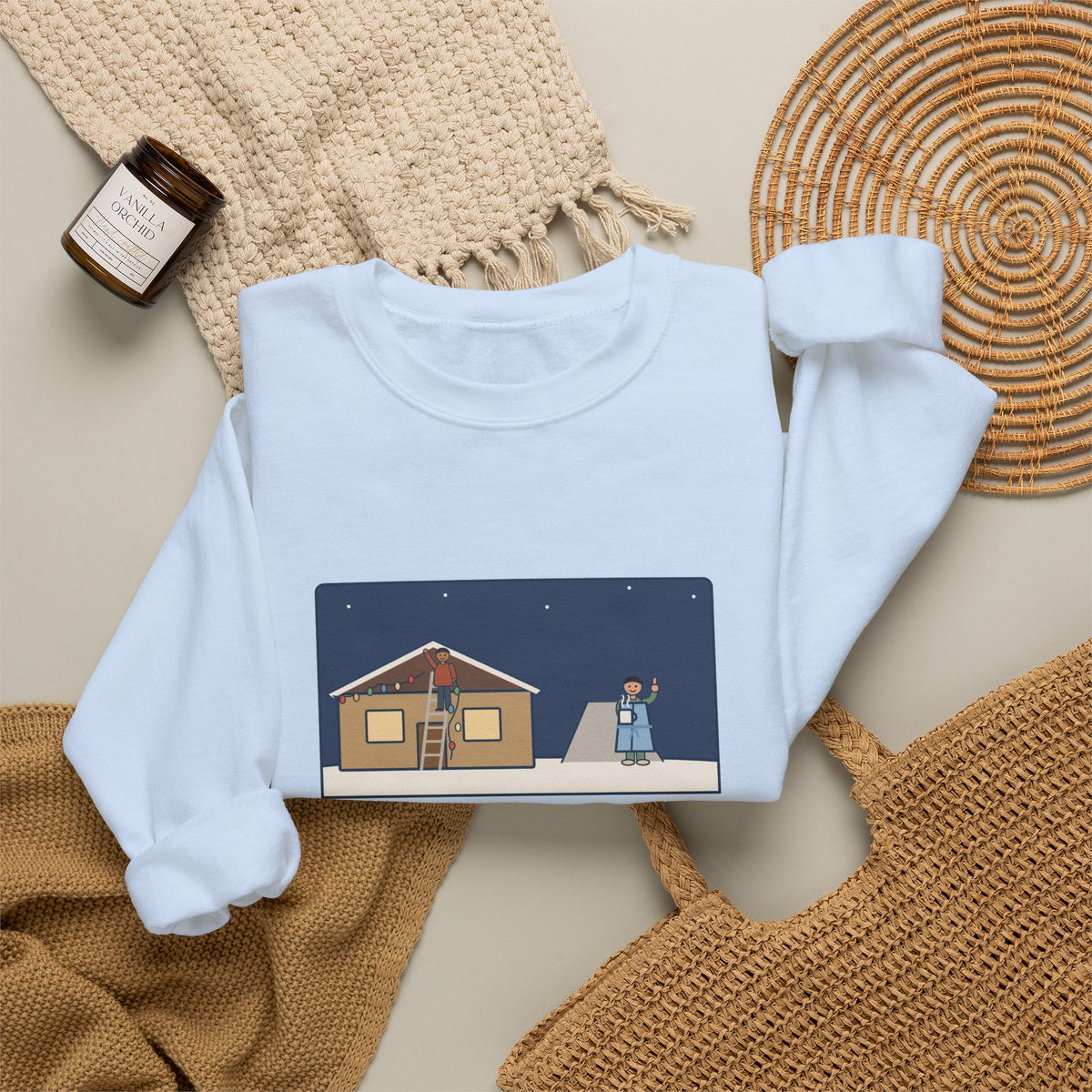 Christmas Lights Sweatshirt, Hung Them on the House, The Neighbor Supervised from His Driveway with Coffee