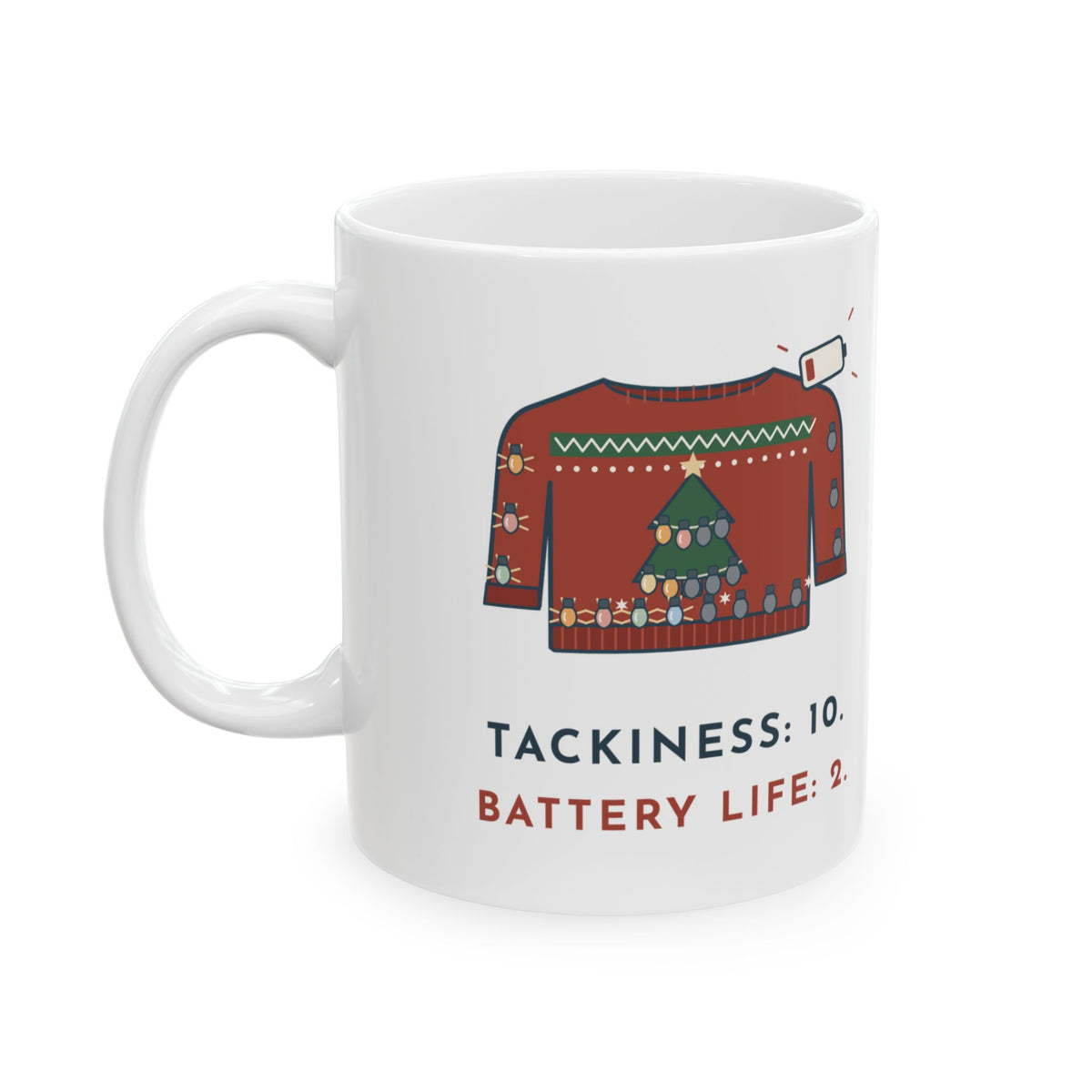 Tacky Sweater Party Coffee Mug - Tackiness: 10. Battery Life: 2. Funny Christmas Mug