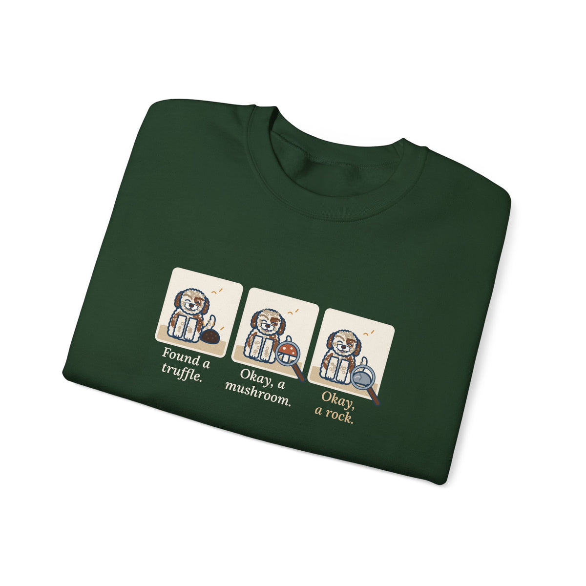 Lagotto Romagnolo Crewneck Sweatshirt - Truffle, Mushroom, Rock Three-Panel Dog Comic