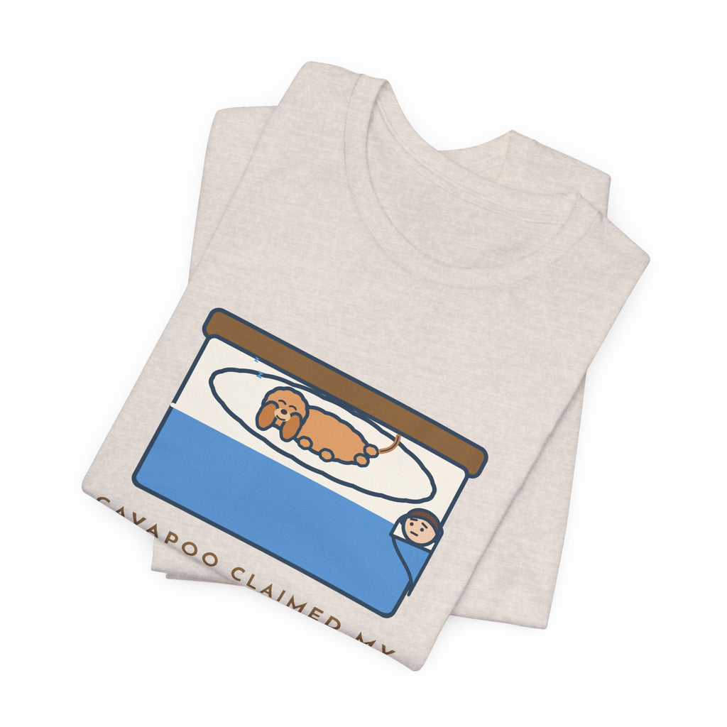Funny Cavapoo T-Shirt, Claimed My Pillow on Night One, I Sleep on the Corner Now, Big Bed Tee