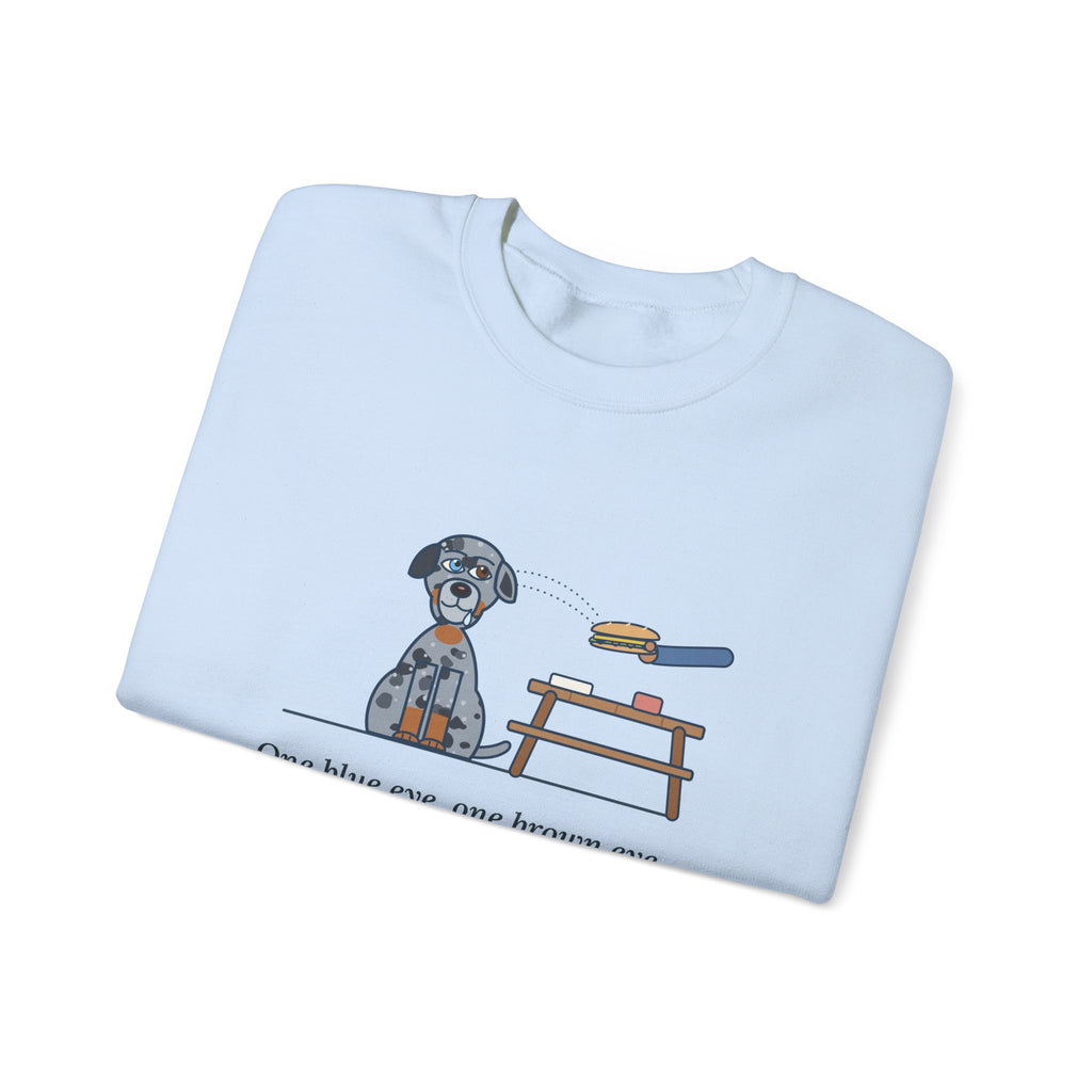 Catahoula Leopard Dog Crewneck Sweatshirt - One Blue Eye, One Brown Eye, Both on My Sandwich