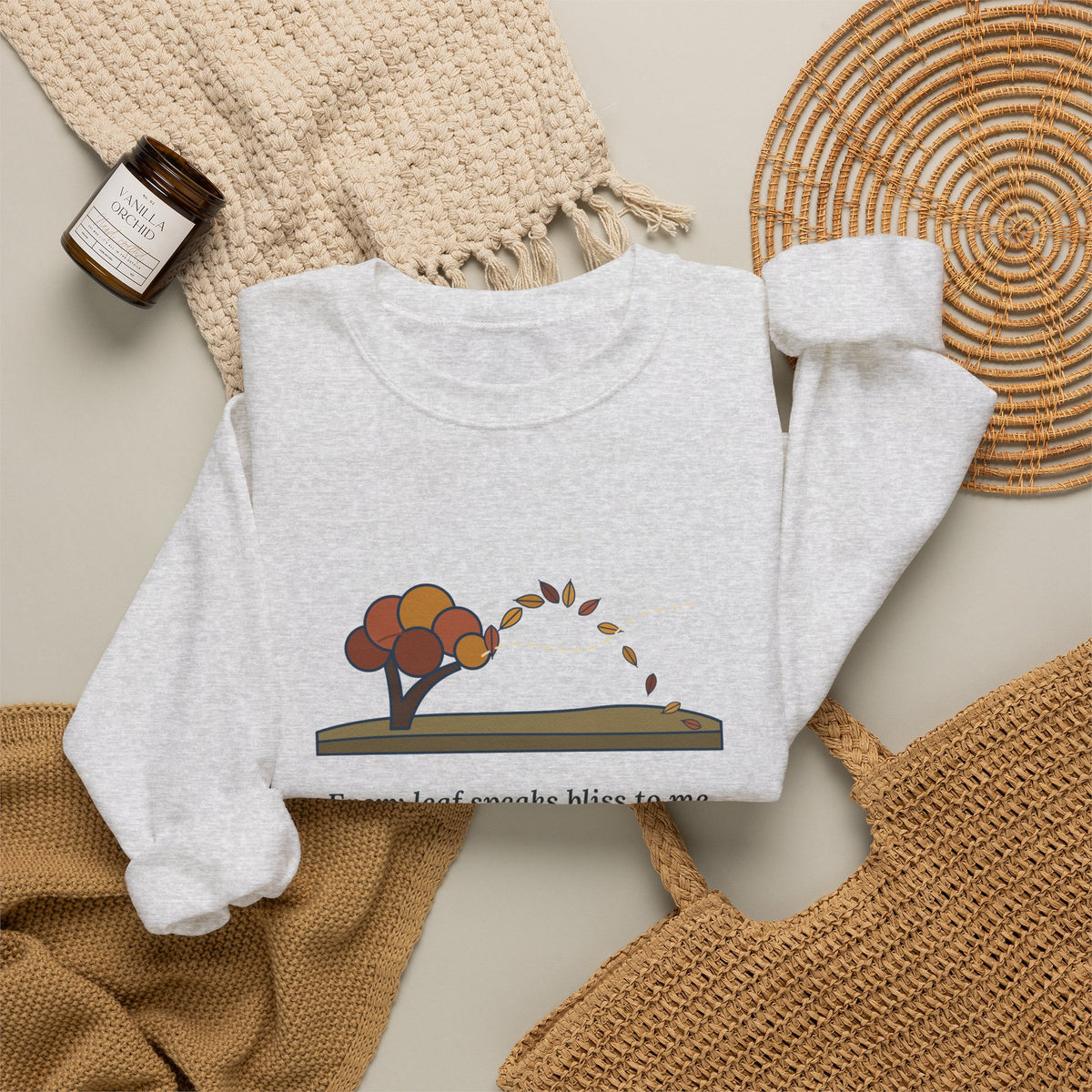 Every Leaf Speaks Bliss to Me Sweatshirt, Autumn Emily Brontë Quote Crewneck with Windswept Moor Tree