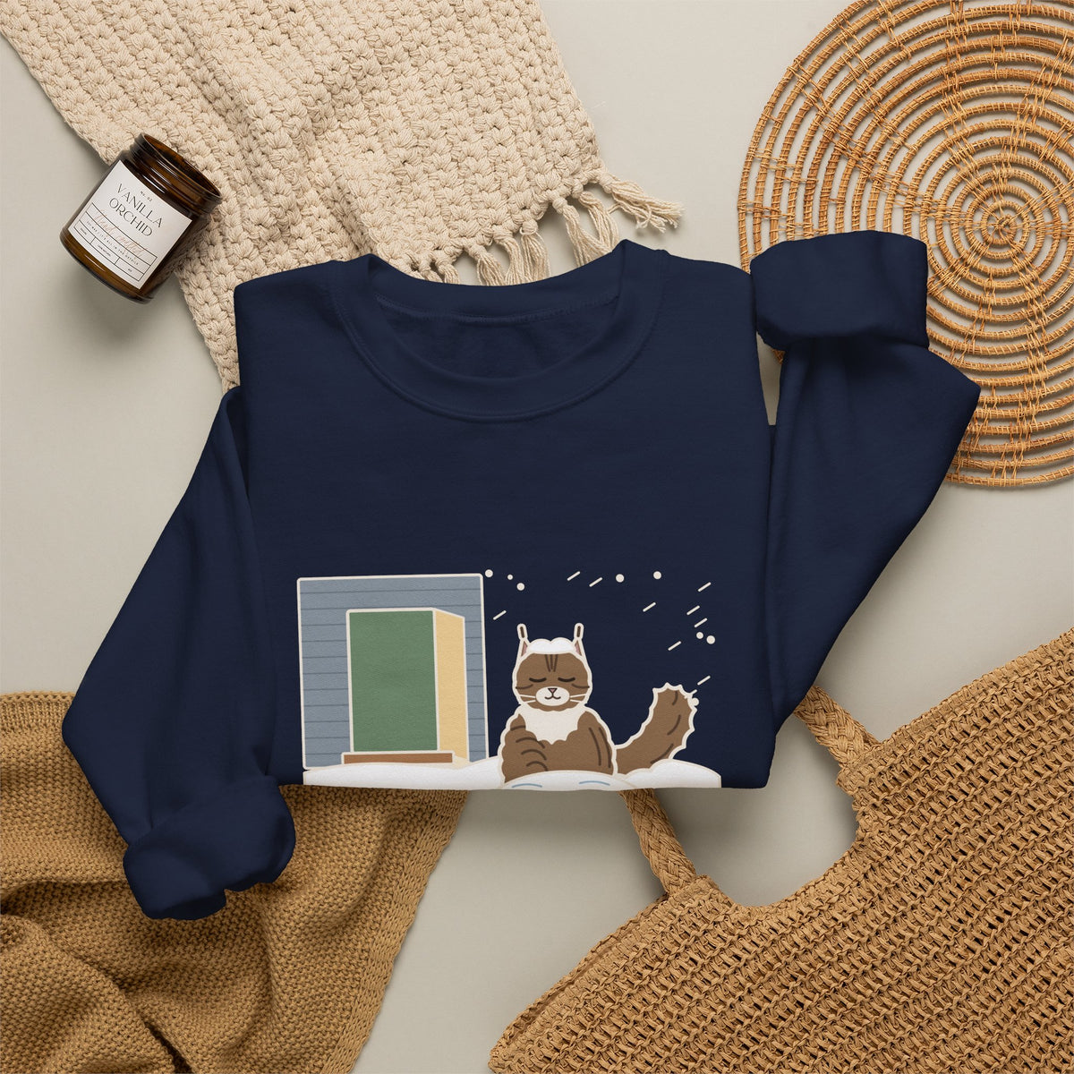 Siberian Cat Crewneck Sweatshirt - Happy in the Snowbank During a Snowstorm