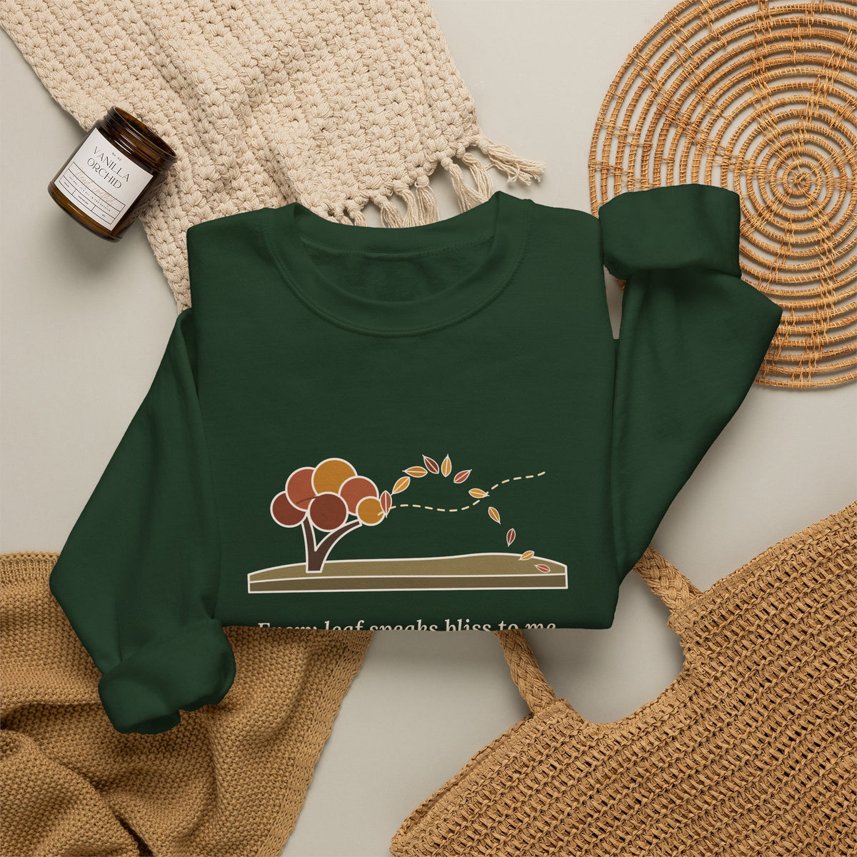 Every Leaf Speaks Bliss to Me Sweatshirt, Autumn Emily Brontë Quote Crewneck with Windswept Moor Tree