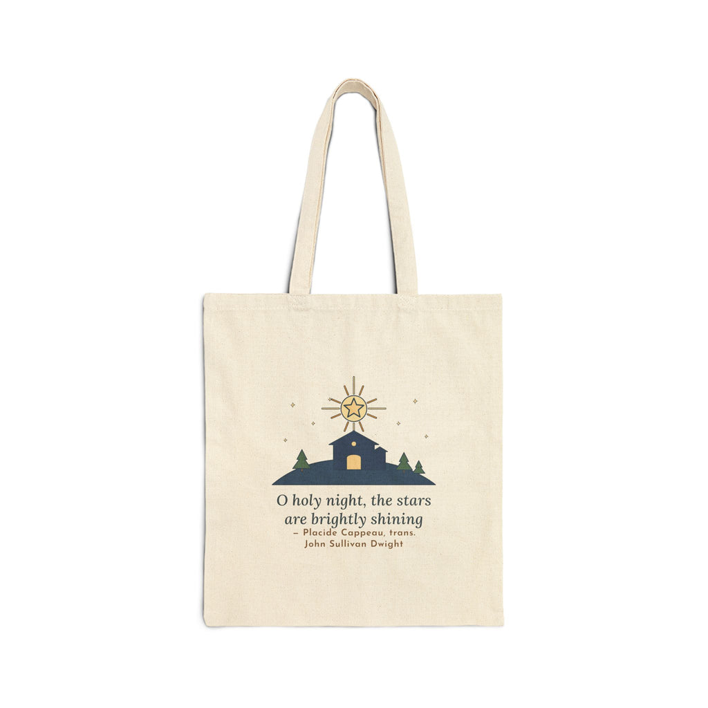 The Stars Are Brightly Shining Tote Bag, Christmas Cappeau Quote Tote with Star over Stable