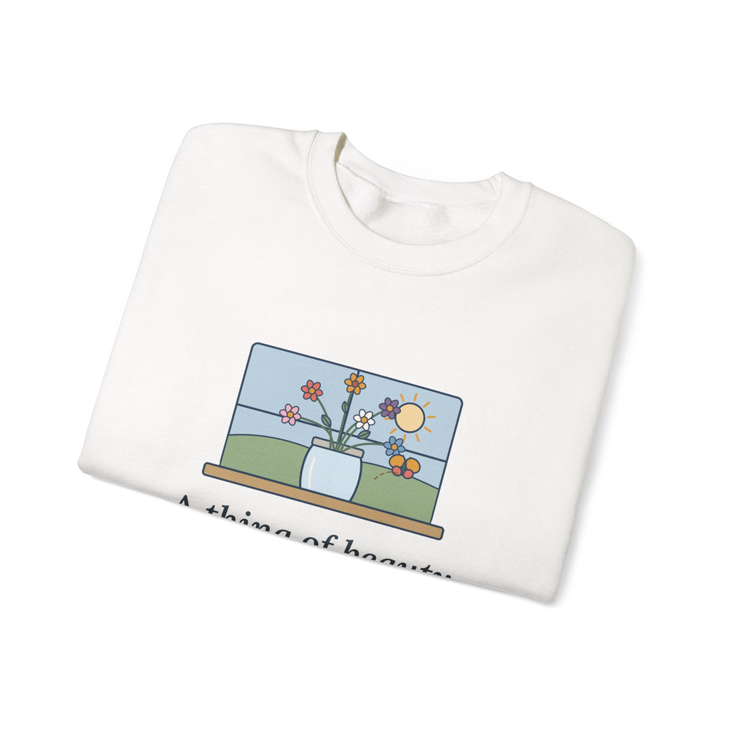 A Thing of Beauty Is a Joy Forever Sweatshirt, Nature John Keats Quote Crewneck with Wildflower Jar