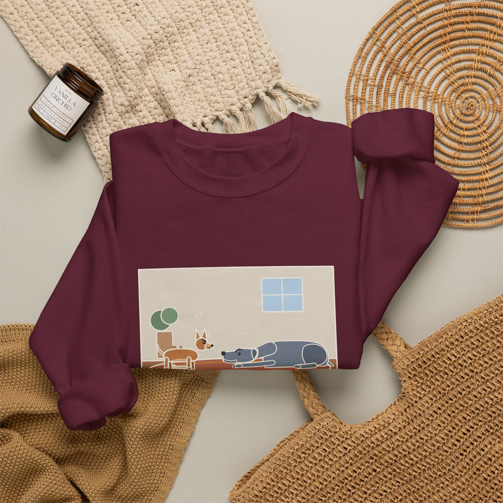 Chiweenie Sweatshirt, Ten Pounds, Guarded His Chew from a Great Dane, Funny Living Room Standoff Crewneck