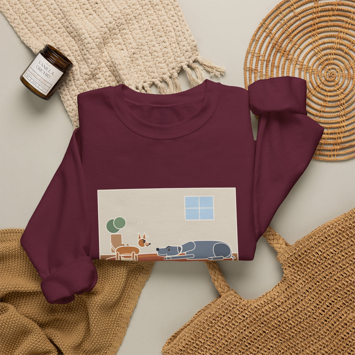 Chiweenie Sweatshirt, Ten Pounds, Guarded His Chew from a Great Dane, Funny Living Room Standoff Crewneck