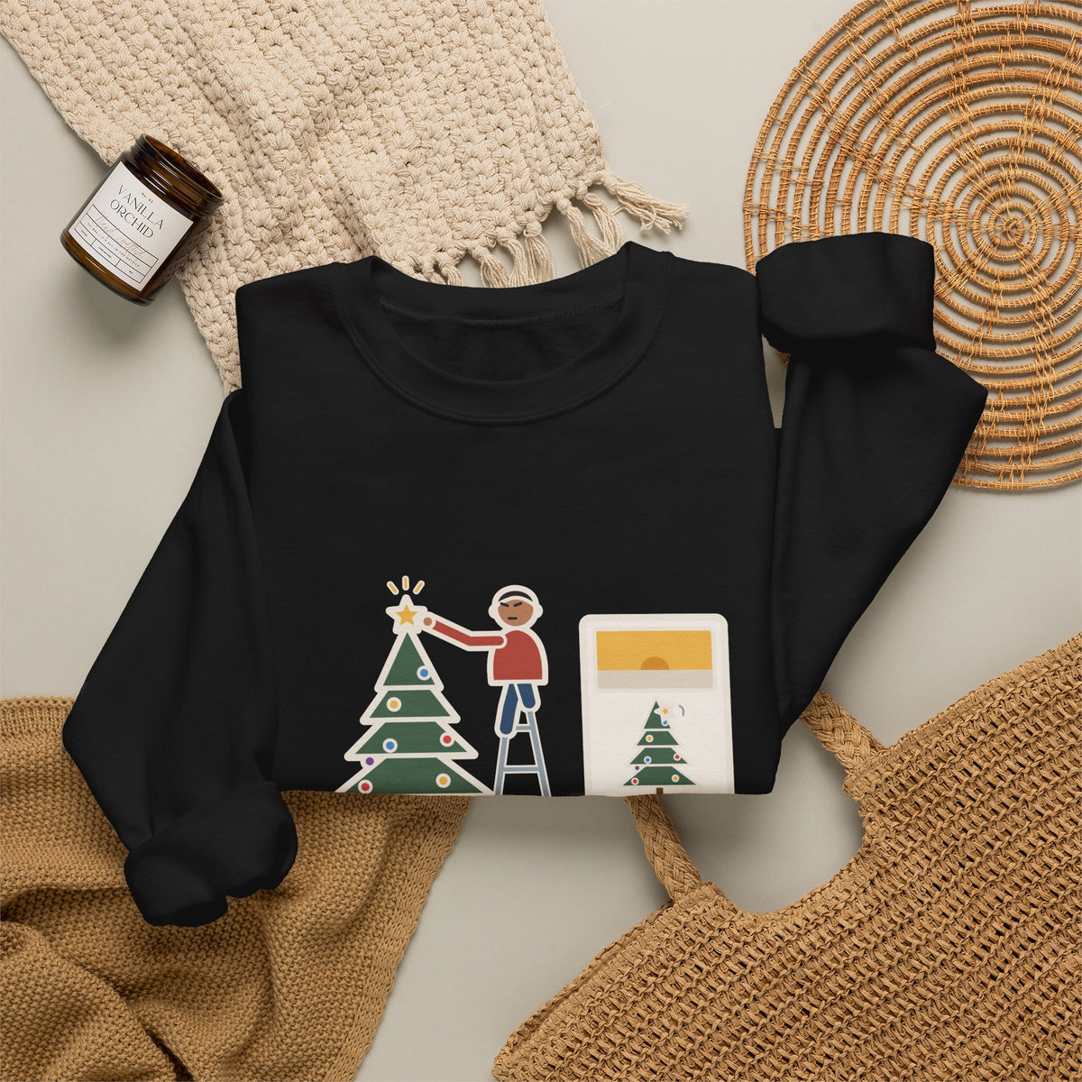 Christmas Tree Star Sweatshirt, Twenty Minutes on the Ladder Getting It Straight, Leaned Again by Morning, Funny Ladder and Star Crewneck