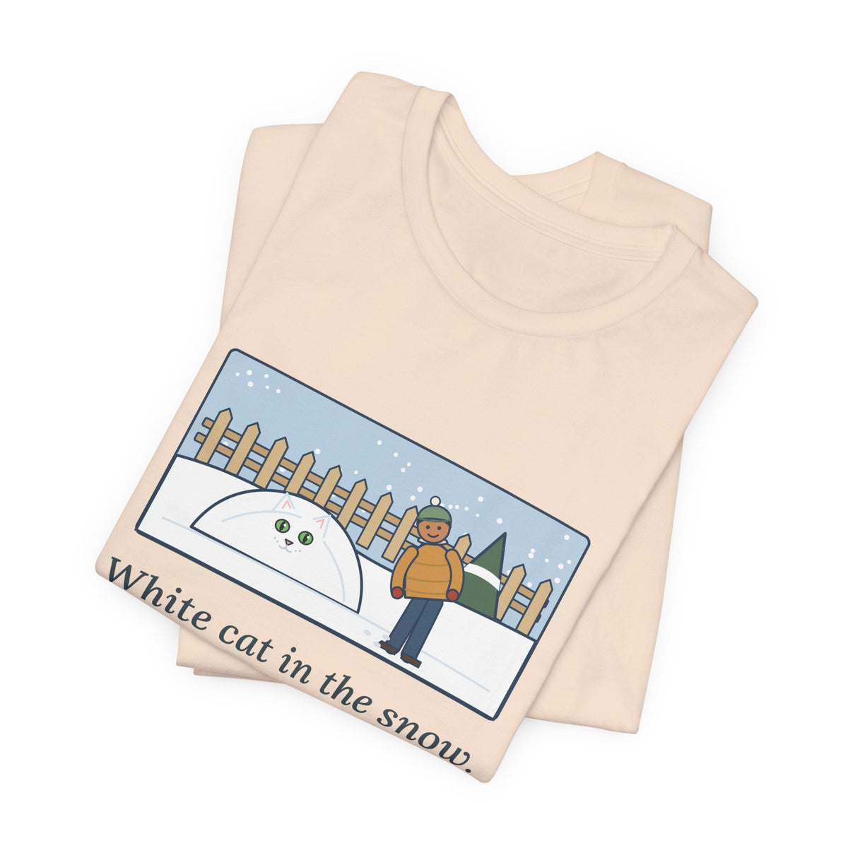 Funny White Cat T-Shirt, In the Snow, Found Her by the Pink Nose and the Green Eyes, Snowy Backyard Tee