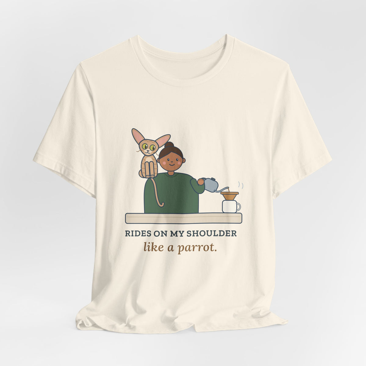 Devon Rex Cat T-Shirt - Rides on My Shoulder Like a Parrot Funny Shoulder Cat Tee