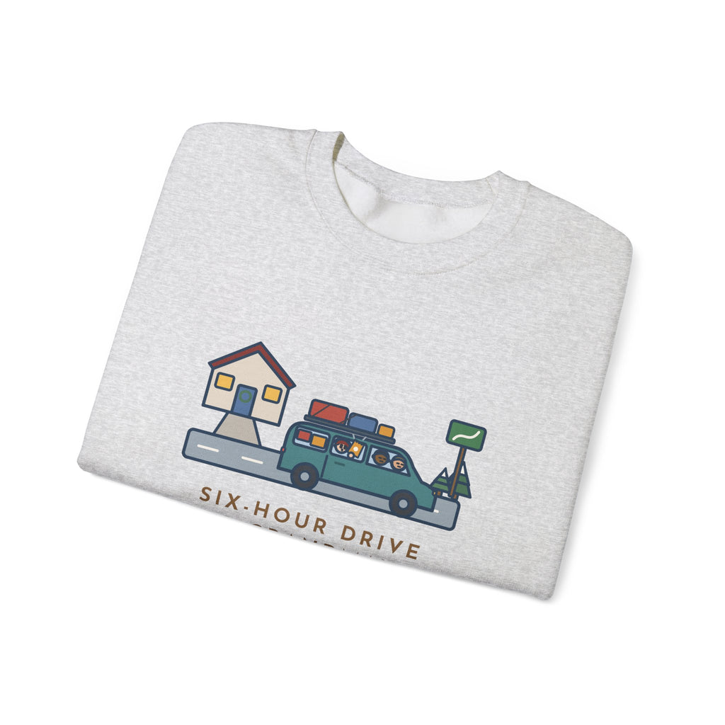 Holiday Road Trip Sweatshirt, Six-Hour Drive to Grandma's, First Snack Request at the End of Our Street, Funny Driveway Departure Crewneck