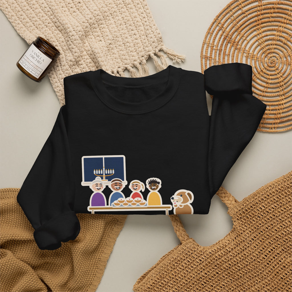 Hanukkah Sweatshirt, One Tray of Jelly Doughnuts, Powdered Sugar on Every Face, the Dog's Too, Funny Sugar Mustaches Crewneck