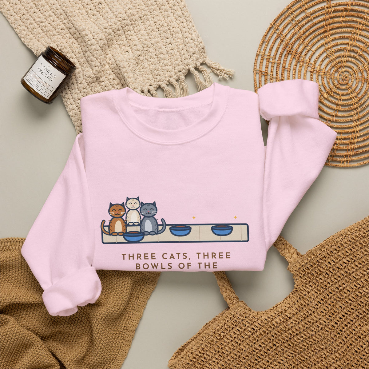 Three Cats Sweatshirt, Three Bowls of the Same Food, Every Cat Wants the One on the Left, Funny Kitchen Floor Crewneck