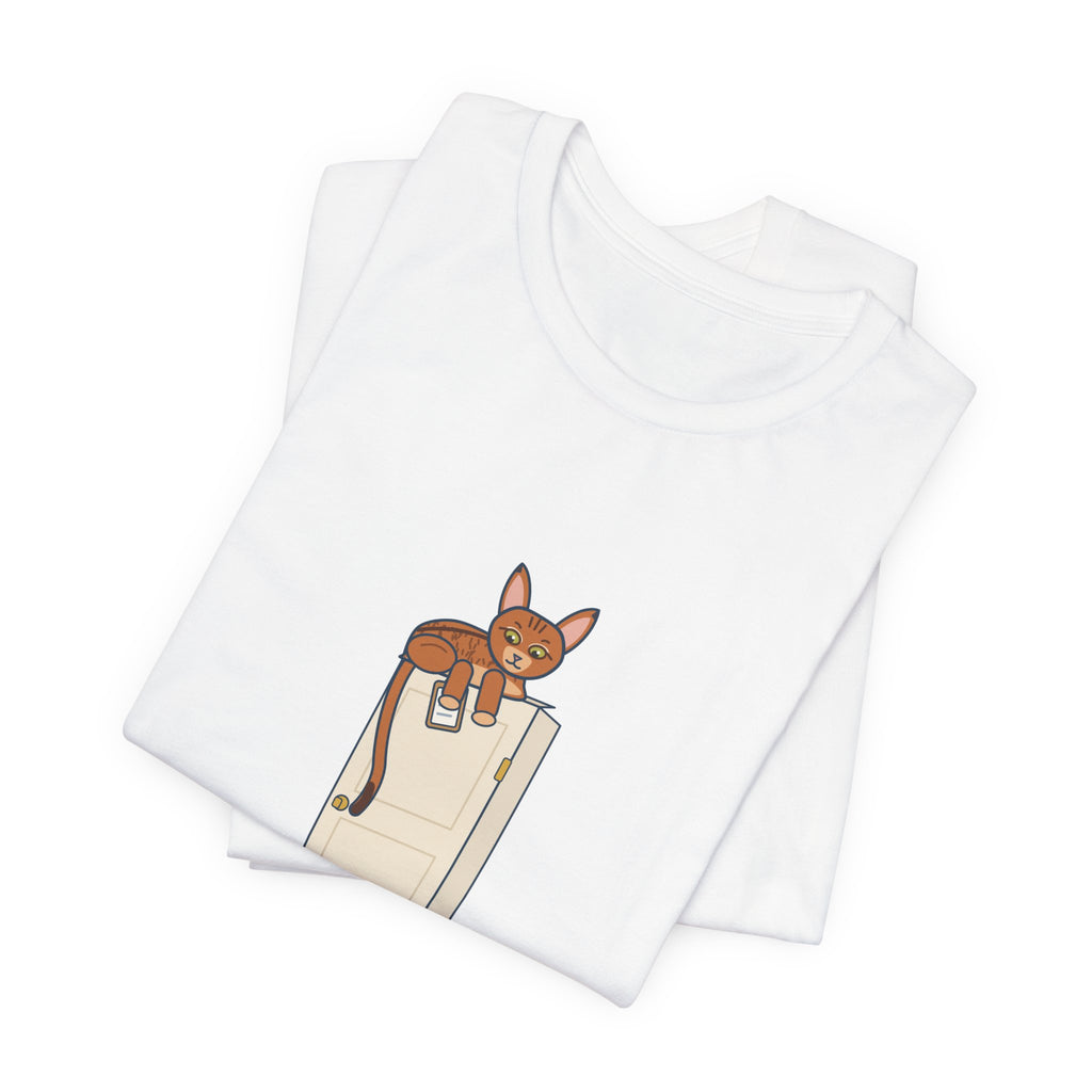 Abyssinian Cat T-Shirt - Supervises From the Top of the Door Funny Aby Cat Tee