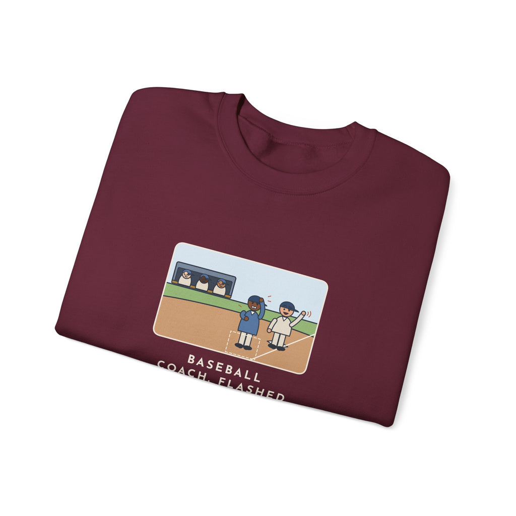 Baseball Coach Sweatshirt, Flashed Fourteen Signs to Third Base, The Runner Waved Back, Funny Third Base Box Crewneck