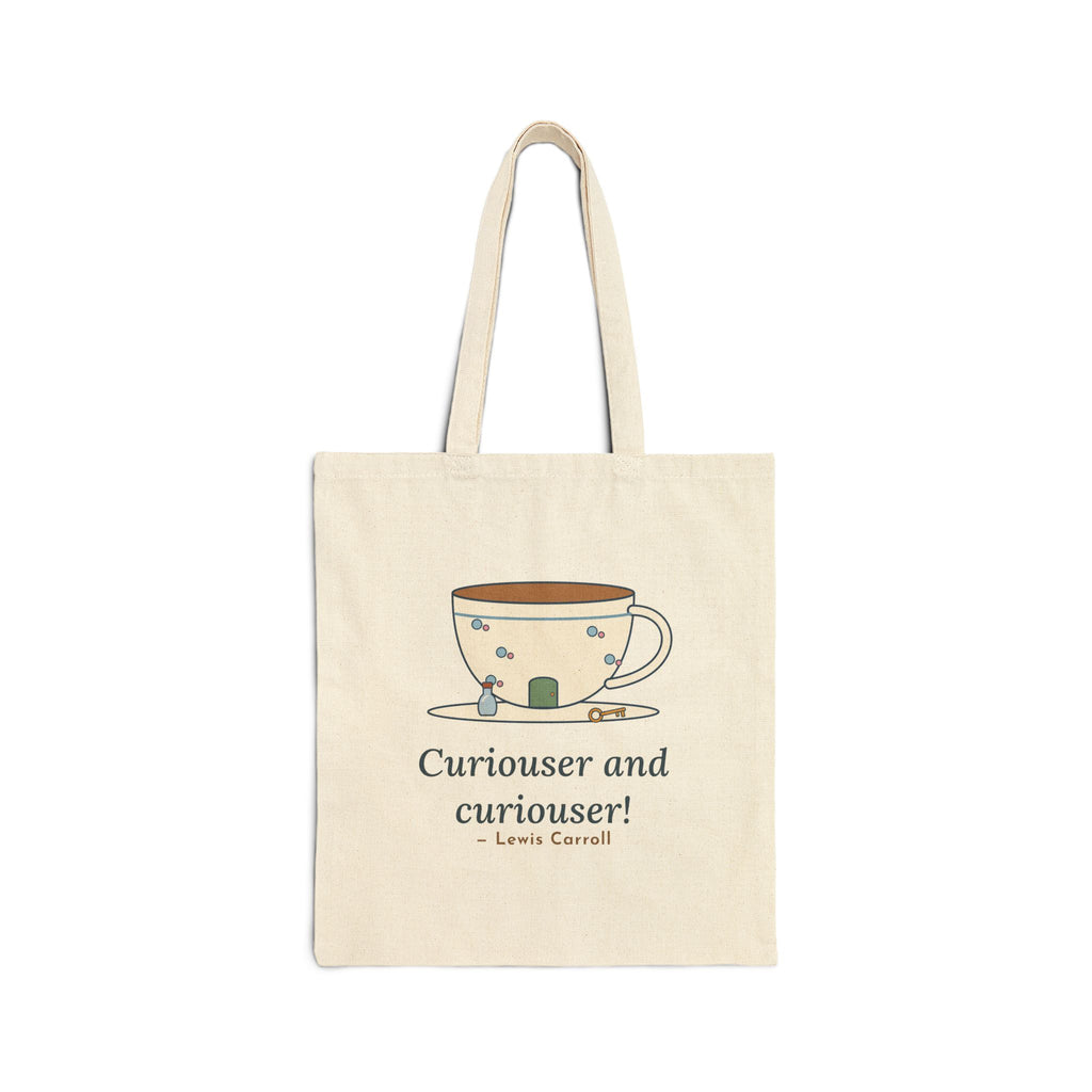 Curiouser and Curiouser Tote Bag, Whimsical Lewis Carroll Literary Quote Tote with Teacup Door