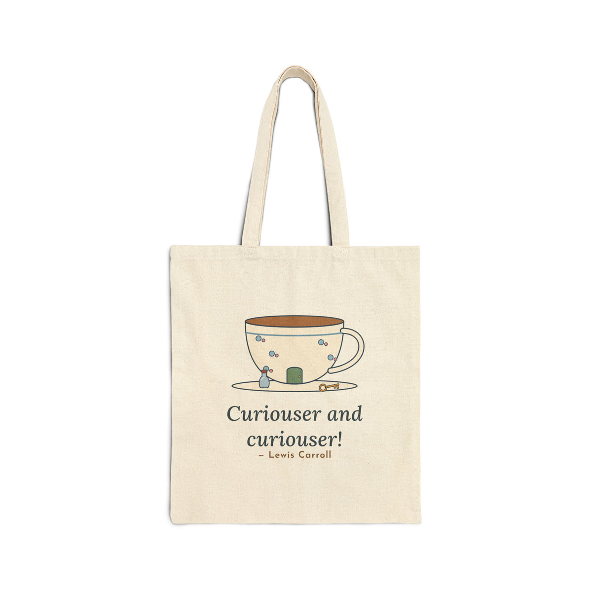 Curiouser and Curiouser Tote Bag, Whimsical Lewis Carroll Literary Quote Tote with Teacup Door