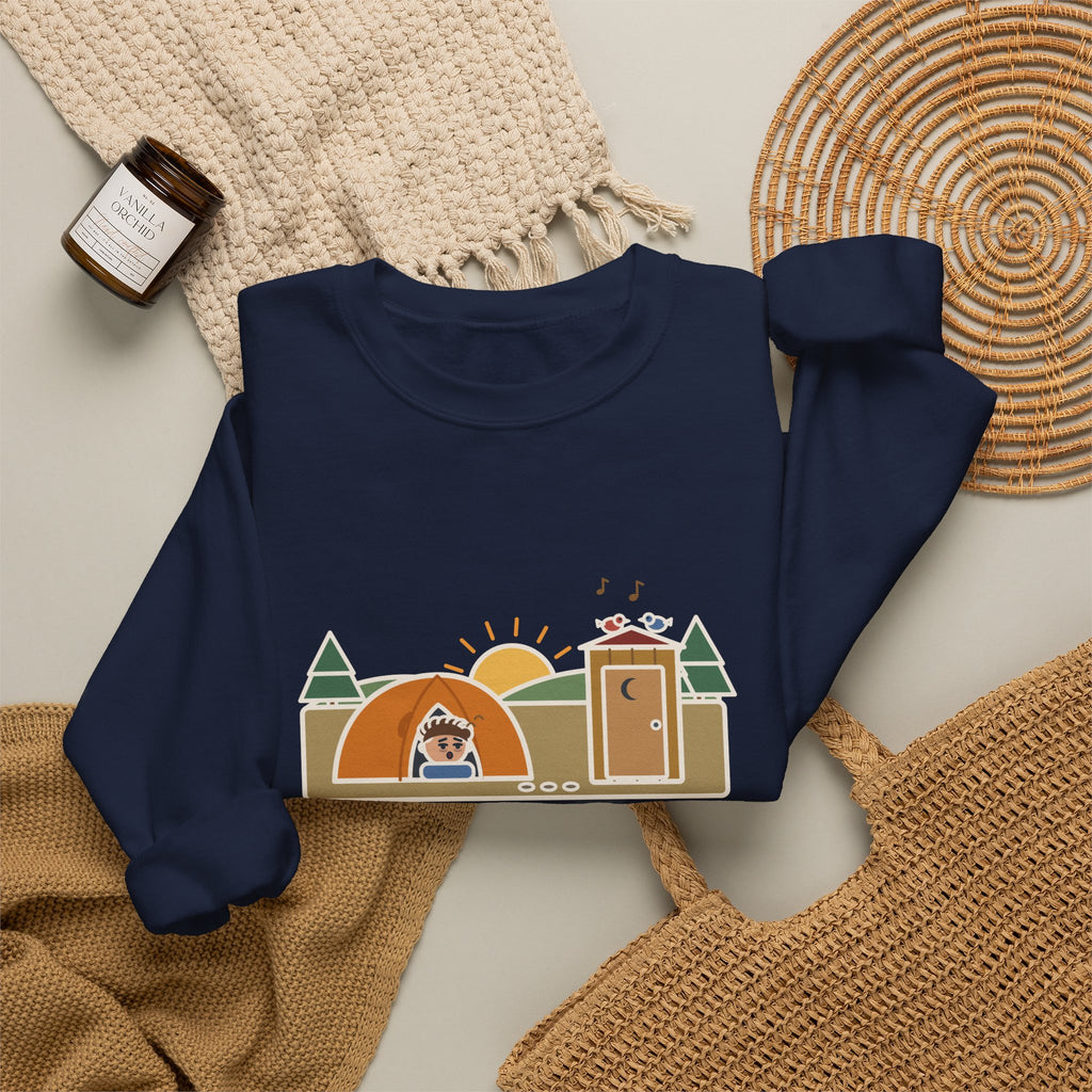Pitched the Tent in the Dark Sweatshirt, Funny Camping Crewneck with Outhouse View