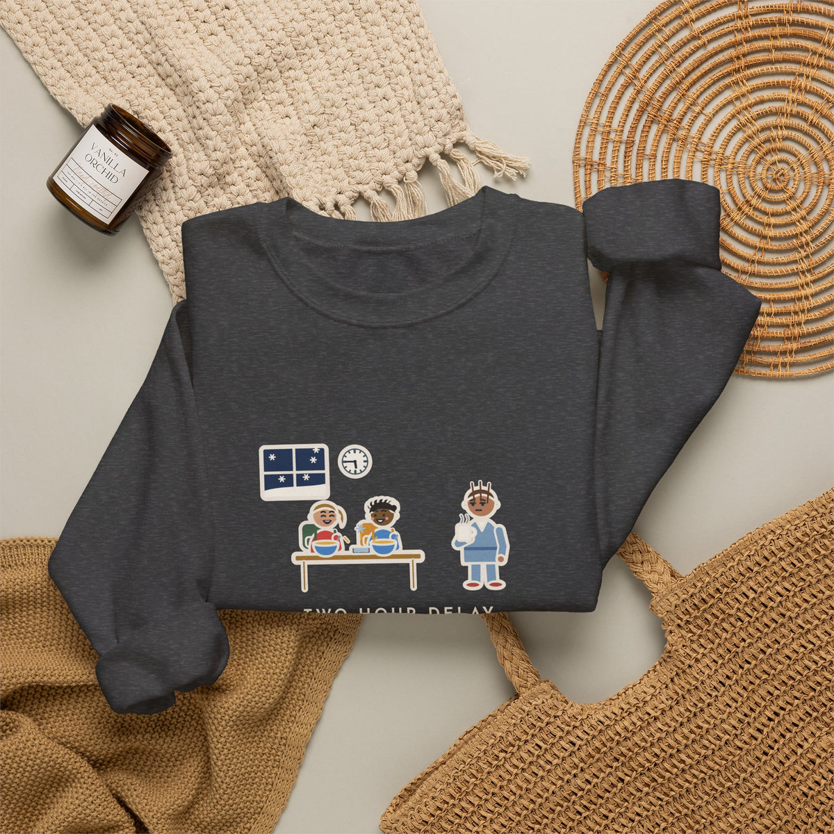 Two-Hour Delay Sweatshirt, Announced at 5:45 a.m., Both Kids Already Dressed and Eating Cereal, Funny Dawn Kitchen Crewneck