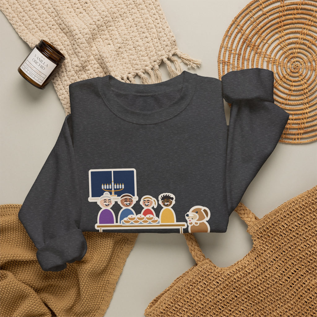 Hanukkah Sweatshirt, One Tray of Jelly Doughnuts, Powdered Sugar on Every Face, the Dog's Too, Funny Sugar Mustaches Crewneck