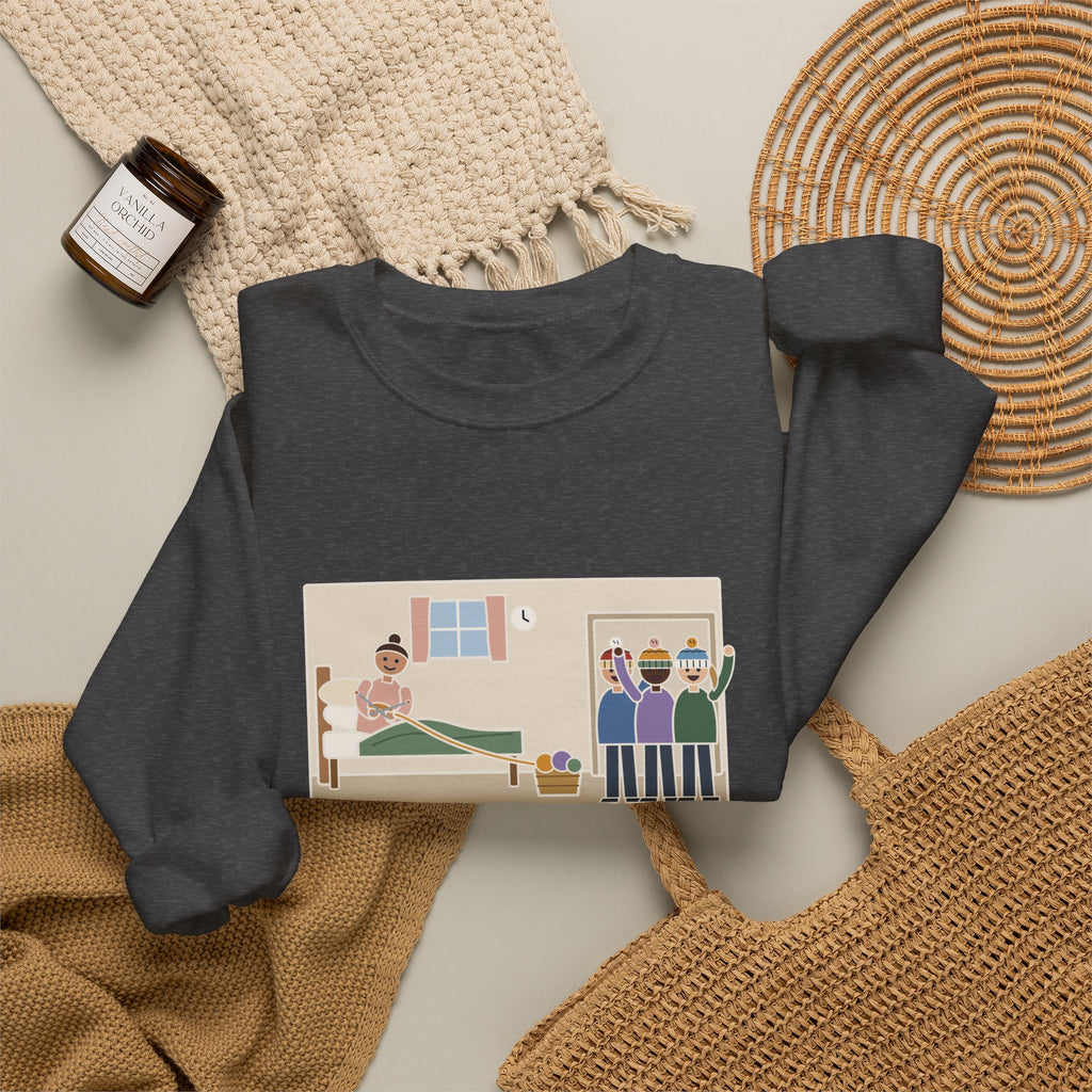 Antepartum Nurse Sweatshirt, Week Five of Bed Rest, She Knitted a Hat for Every Nurse on Day Shift, Funny Knitted Hats Crewneck