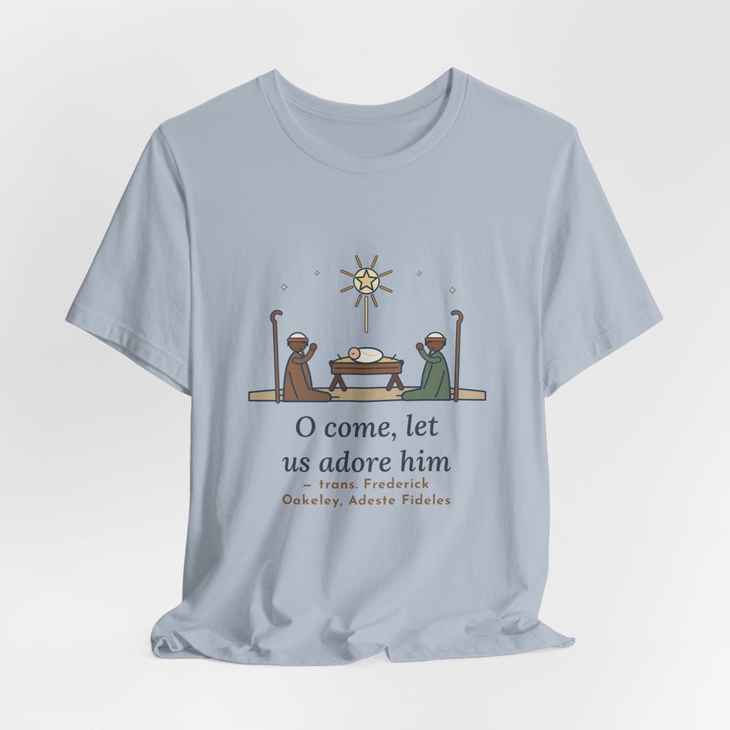 Oakeley Quote T-Shirt, O Come, Let Us Adore him, Christmas Woodcut Manger Tee