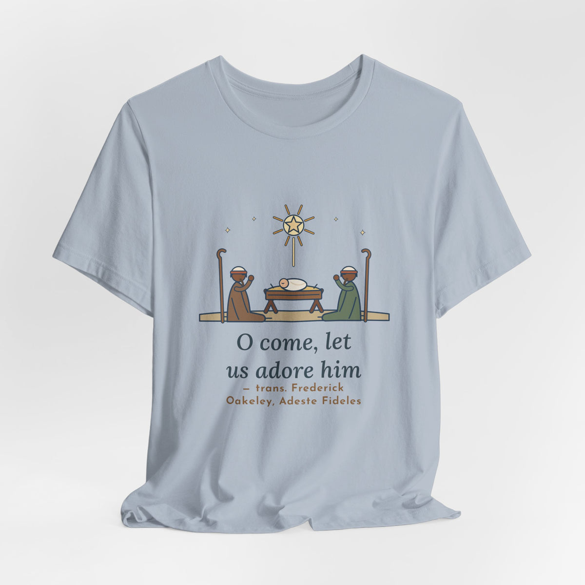 Oakeley Quote T-Shirt, O Come, Let Us Adore him, Christmas Woodcut Manger Tee