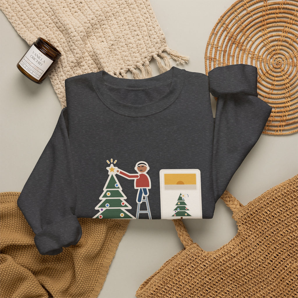 Christmas Tree Star Sweatshirt, Twenty Minutes on the Ladder Getting It Straight, Leaned Again by Morning, Funny Ladder and Star Crewneck