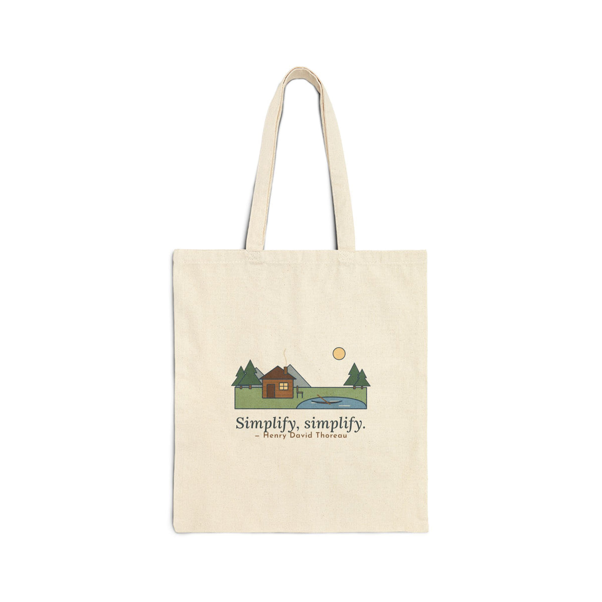 Simplify, Simplify Tote Bag, Minimalist Thoreau Nature Quote Tote with One-Room Cabin