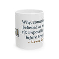 Lewis Carroll Literary Quote Mug, Six Impossible Things Before Breakfast, Whimsical Floating Breakfast Coffee Mug 11oz