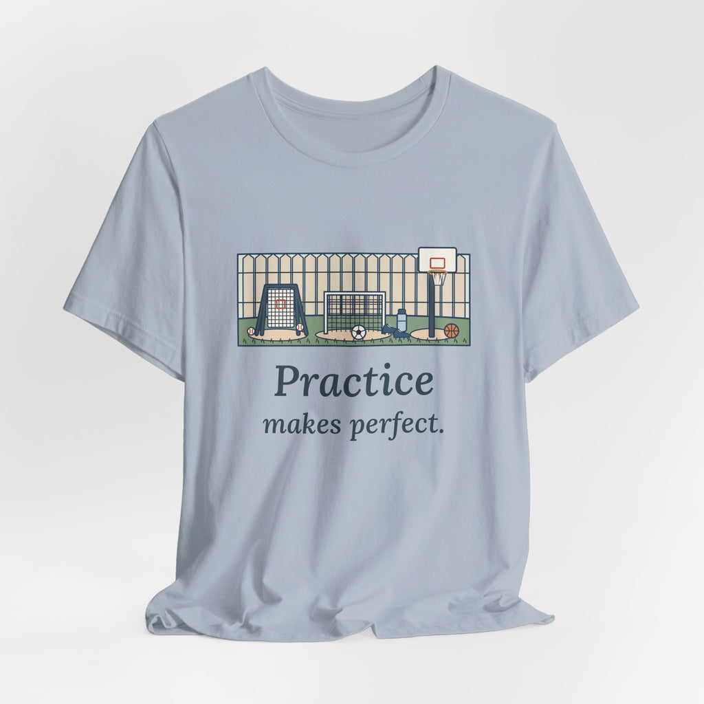 Practice Makes Perfect T-Shirt, Youth Sports Proverb Tee with Backyard Practice