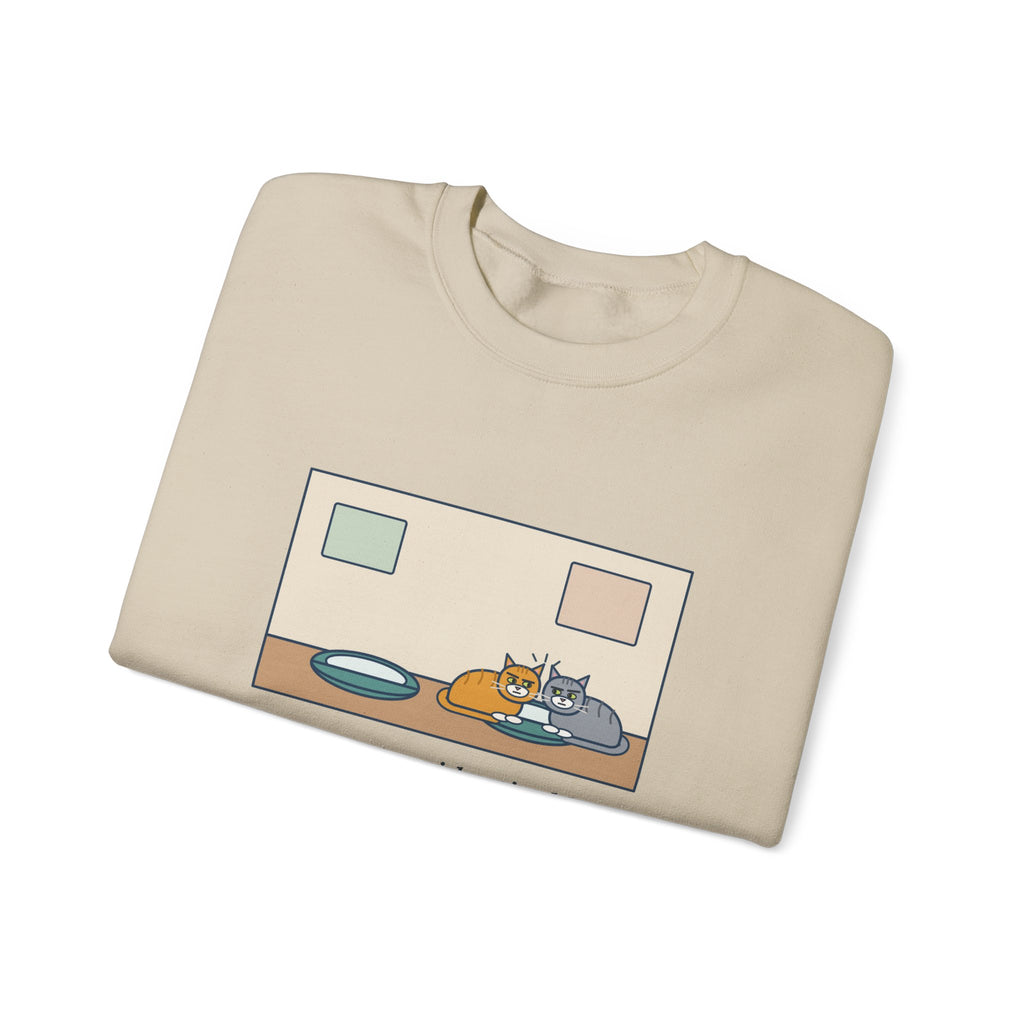 Two Cats Sweatshirt, Two Identical Beds, Both Cram into the Same One and Glare, Funny Bed Standoff Crewneck