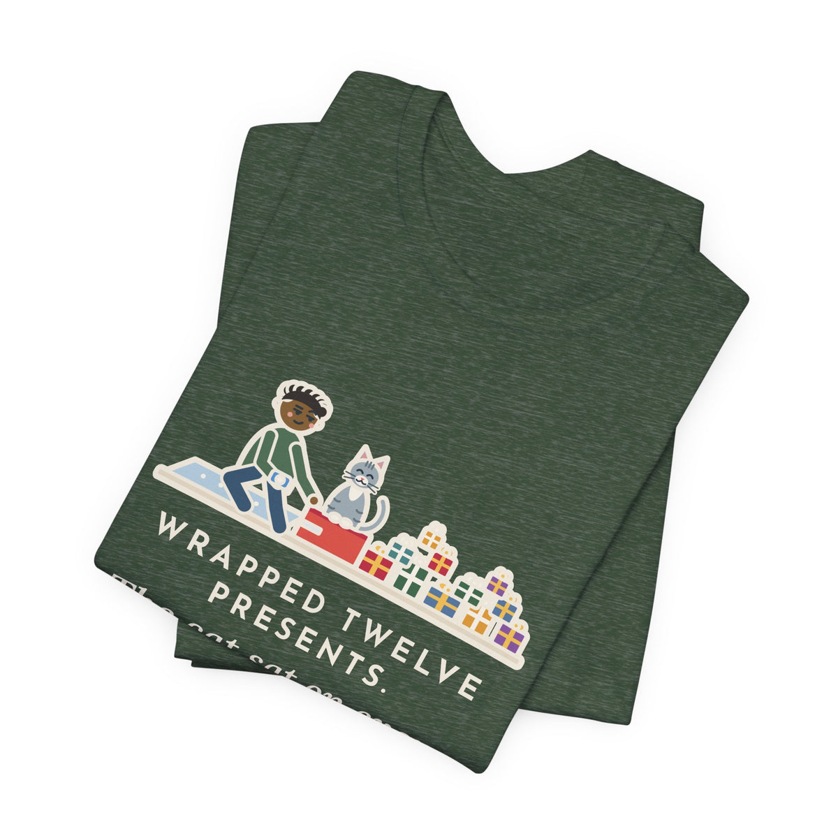 Funny Gift Wrapping T-Shirt, Wrapped Twelve Presents, The Cat Sat on Every One While I Taped, Wrapping Night Tee