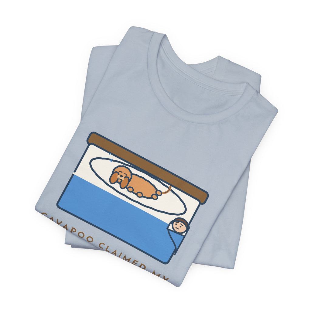 Funny Cavapoo T-Shirt, Claimed My Pillow on Night One, I Sleep on the Corner Now, Big Bed Tee