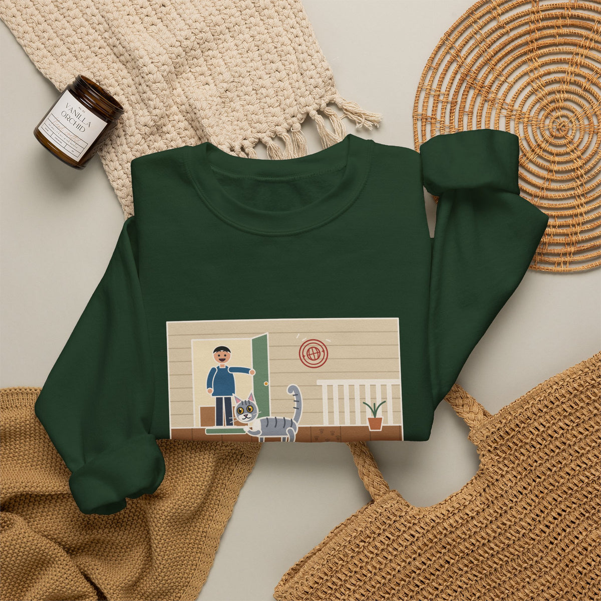 Indoor Cat Sweatshirt, Escaped onto the Porch for Nine Seconds, Came Back Like She'd Seen the World, Funny Porch Expedition Crewneck