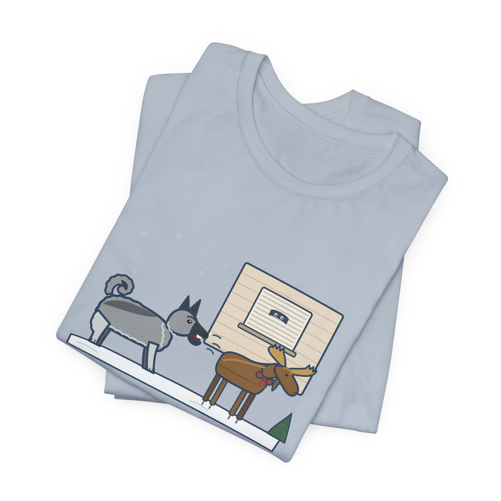 Norwegian Elkhound T-Shirt - Barked at the Plastic Lawn Moose for an Hour, Winter Dog Tee