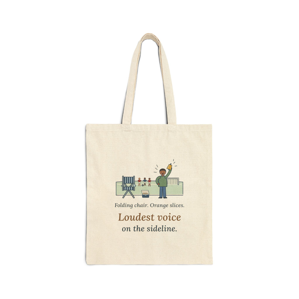 Folding Chair. Orange Slices. Loudest Voice on the Sideline. Tote Bag, Soccer Quote Tote with Sideline Parent