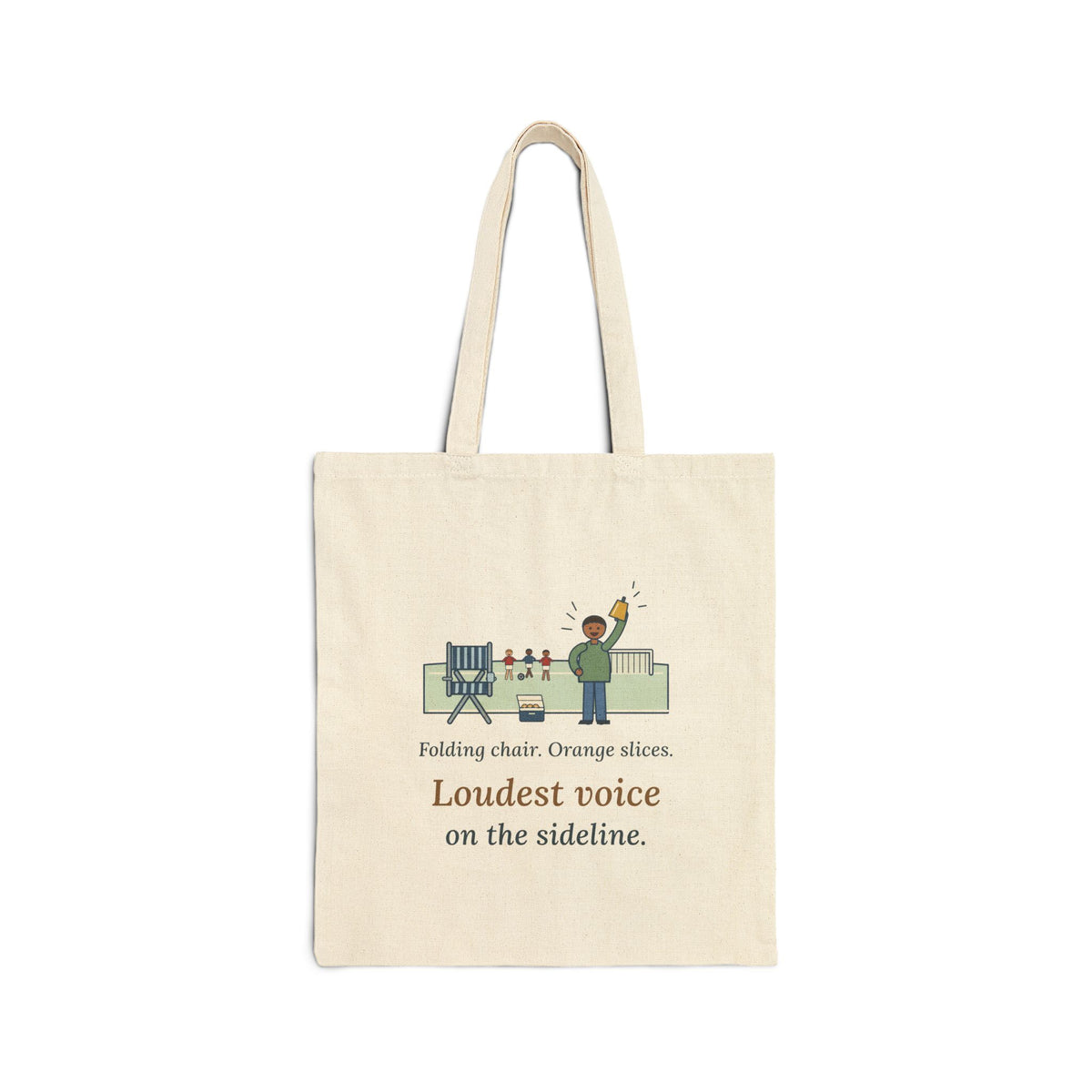 Folding Chair. Orange Slices. Loudest Voice on the Sideline. Tote Bag, Soccer Quote Tote with Sideline Parent