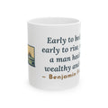 Franklin Wisdom Quote Mug, Early to Bed and Early to Rise, Early Riser Moon and Rooster Coffee Mug 11oz