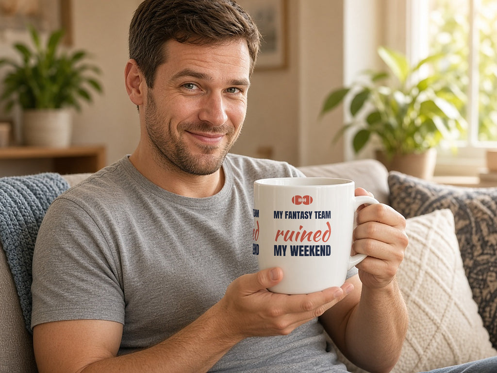 My Fantasy Team Ruined My Weekend Mug, Funny Fantasy Football Coffee Mug, lifestyle photo