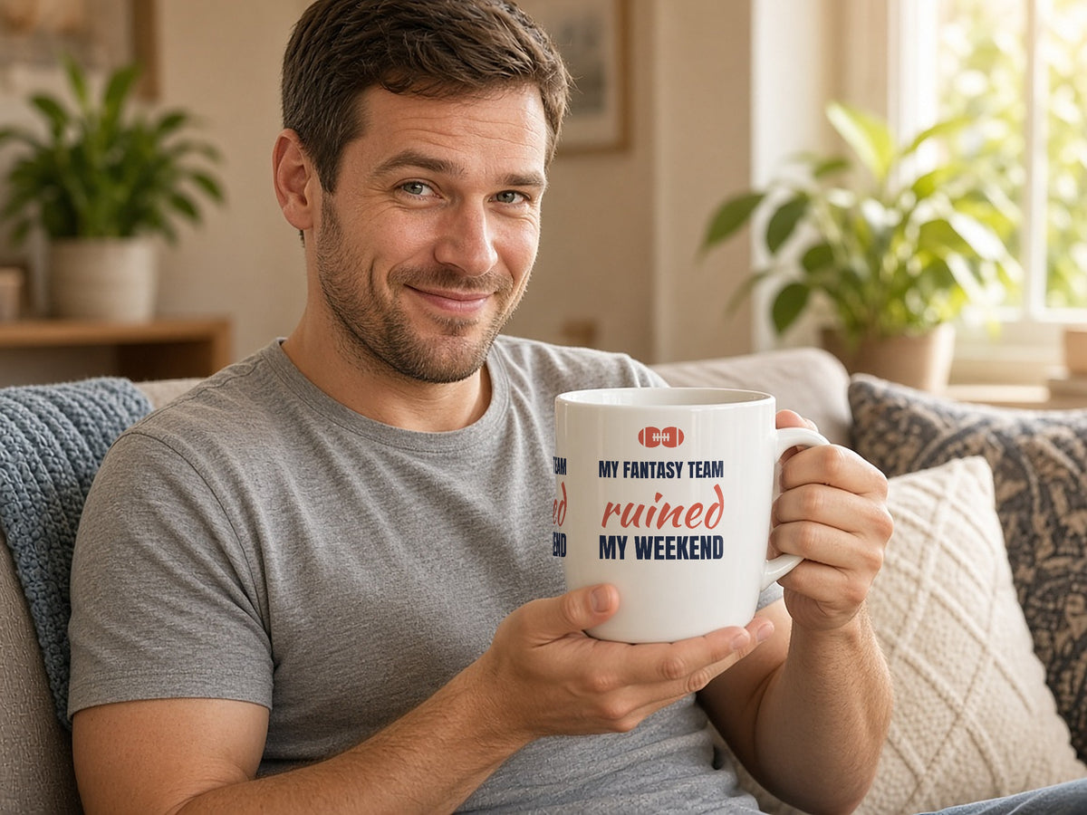 My Fantasy Team Ruined My Weekend Mug, Funny Fantasy Football Coffee Mug, lifestyle photo