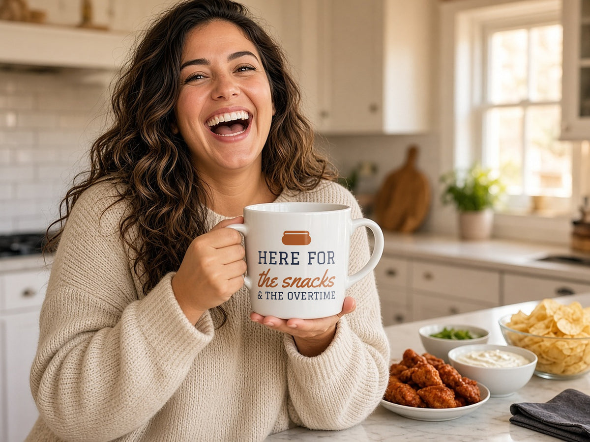 Here For The Snacks And The Overtime Mug, Funny Game Day Coffee Mug, lifestyle photo