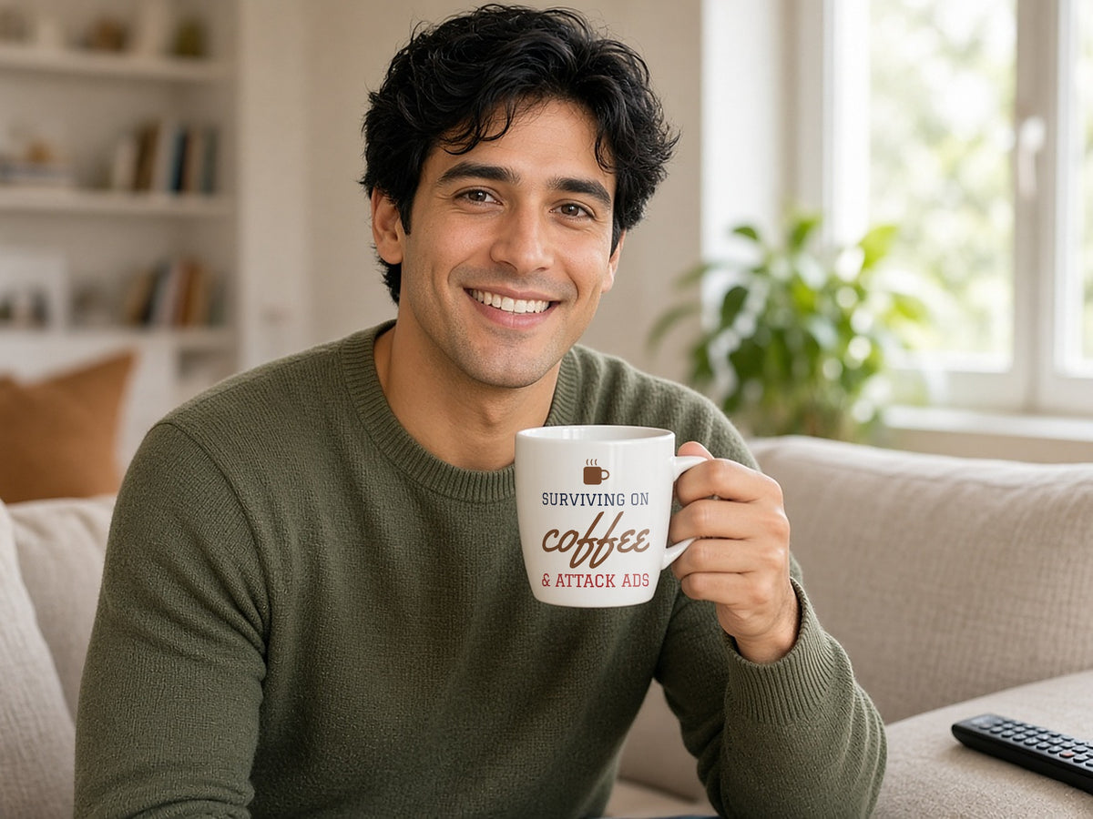 Surviving On Coffee And Attack Ads Mug, Funny Election Season Coffee Mug, lifestyle photo