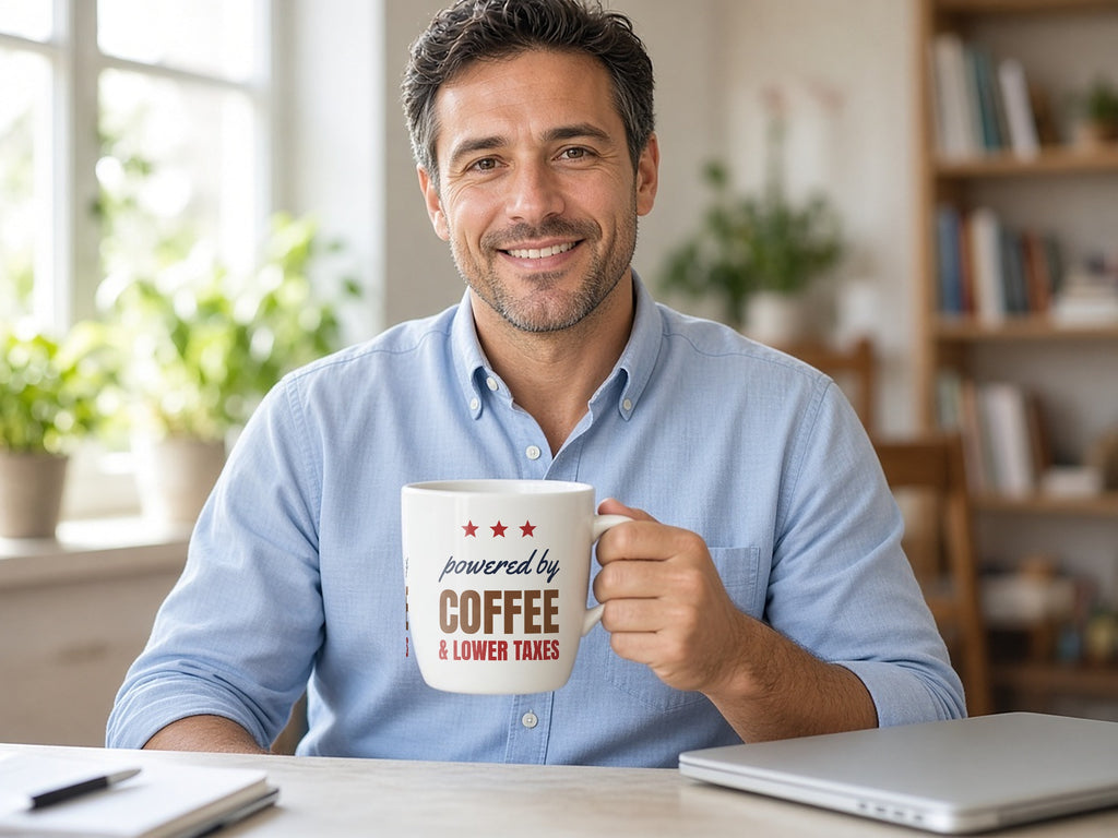 Powered By Coffee And Lower Taxes Mug, Funny Conservative Coffee Mug, lifestyle photo