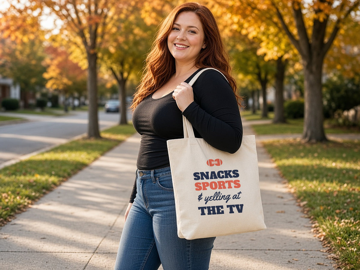 Snacks, Sports And Yelling At The TV Tote Bag, Funny Game Day Tote, lifestyle photo