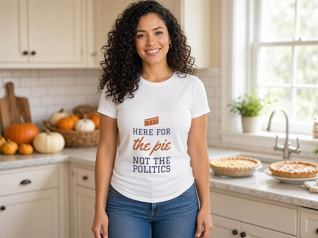 Here For The Pie, Not The Politics T-Shirt, Funny Thanksgiving Shirt, lifestyle photo, White