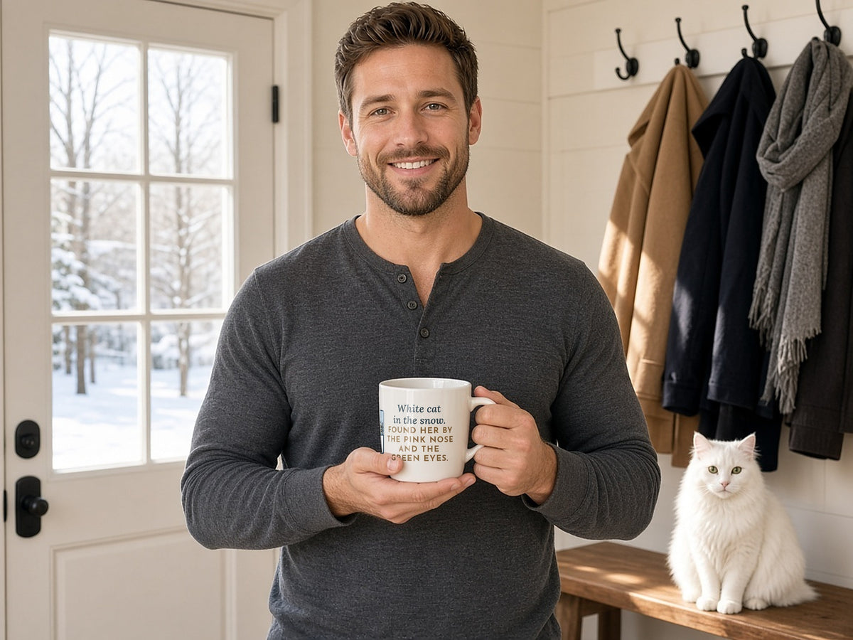 White Cat Mug, In the Snow, Found Her by the Pink Nose and the Green Eyes, Funny Coffee Mug 11oz, lifestyle photo