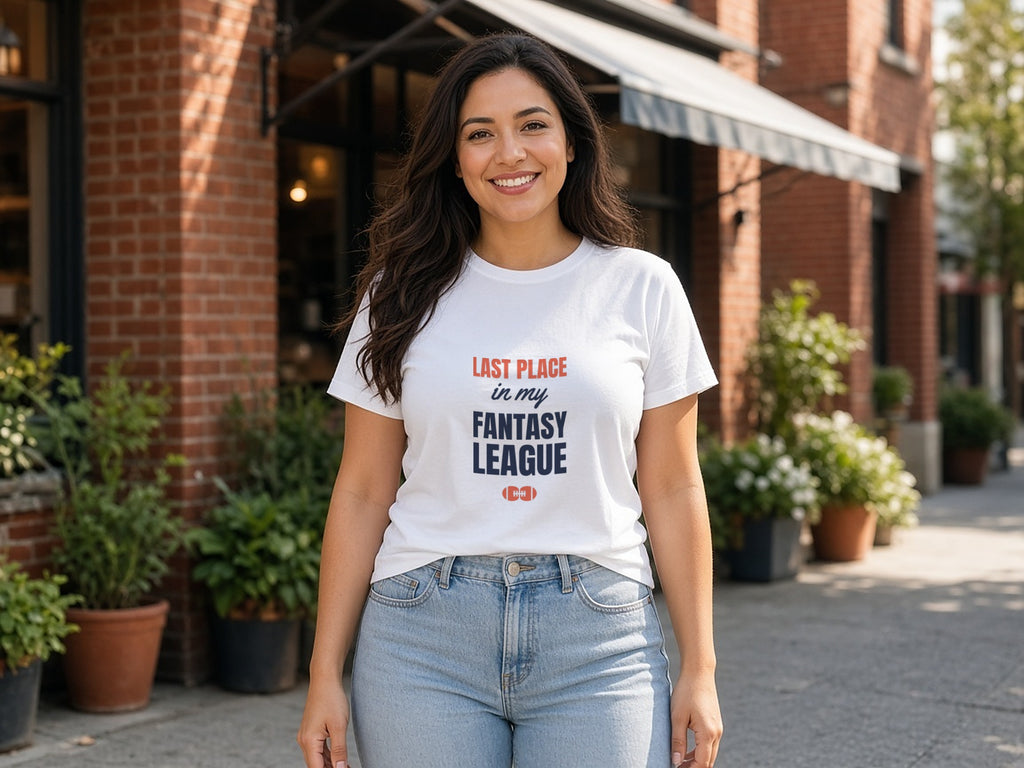 Last Place In My Fantasy League T-Shirt, Funny Fantasy Football Loser Shirt, lifestyle photo, White