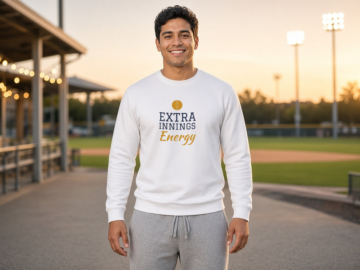 Extra Innings Energy Sweatshirt, Baseball Fan Sweatshirt, lifestyle photo, White
